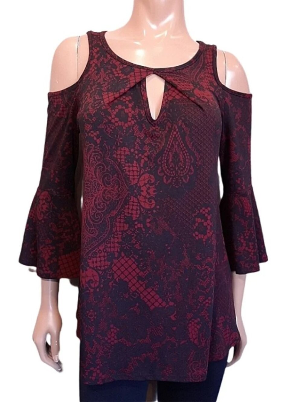 LAURA Cold Shoulder Bell Sleeve Lace Print Top Gothic Vamp Romantic Size Small